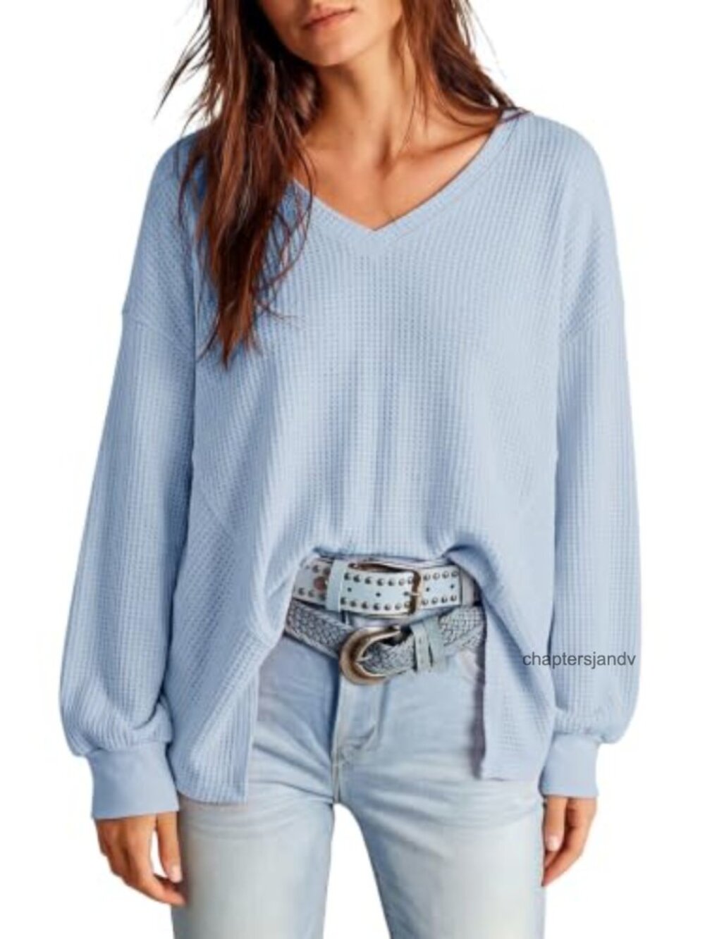 Waffle Knit Oversized V-Neck Top Raw Exposed Seaming Lantern Sleeve